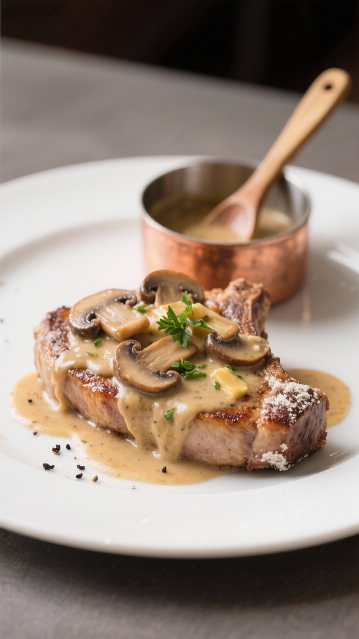 A plated, restaurant-style presentation of Creamy Mushroom Marsala Smothered Chops at a 45-degree angle: boneless pork chop lightly dredged in flour, seared and blanketed with silky Marsala mushroom sauce featuring sliced cremini mushrooms and a buttery sheen; flecks of black pepper and a hint of chopped parsley for contrast, sauce pooling around the chop on a wide white plate; a small copper pan with extra sauce and a wooden spoon in soft focus behind.