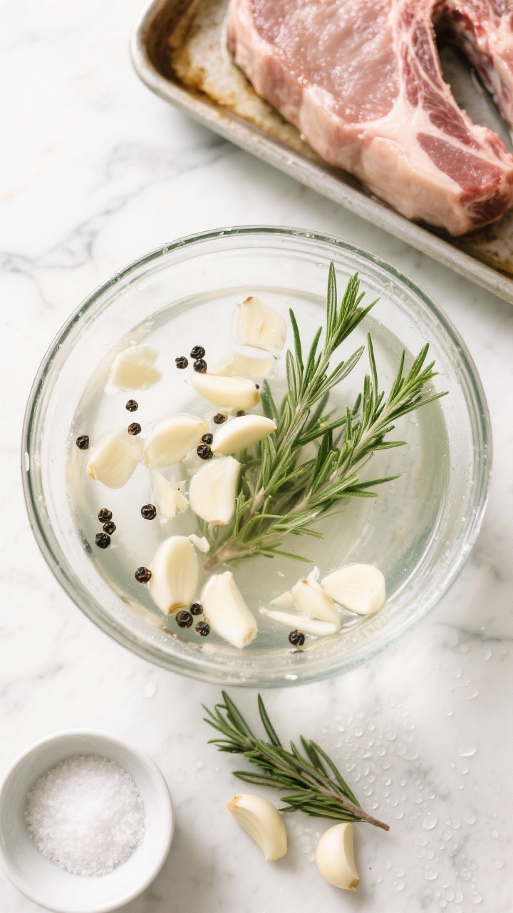 A process-focused ingredient flat lay for Garlic-Herb Brined Chops: overhead shot of a clear glass bowl filled with brine (cold water) studded with smashed garlic cloves, black peppercorns, and rosemary sprigs, with bone-in pork chops resting nearby on a tray ready to brine; small bowls of kosher salt and sugar, a few extra rosemary needles, and condensation on the bowl for freshness; clean, bright daylight on a marble surface emphasizing clarity and simplicity.
