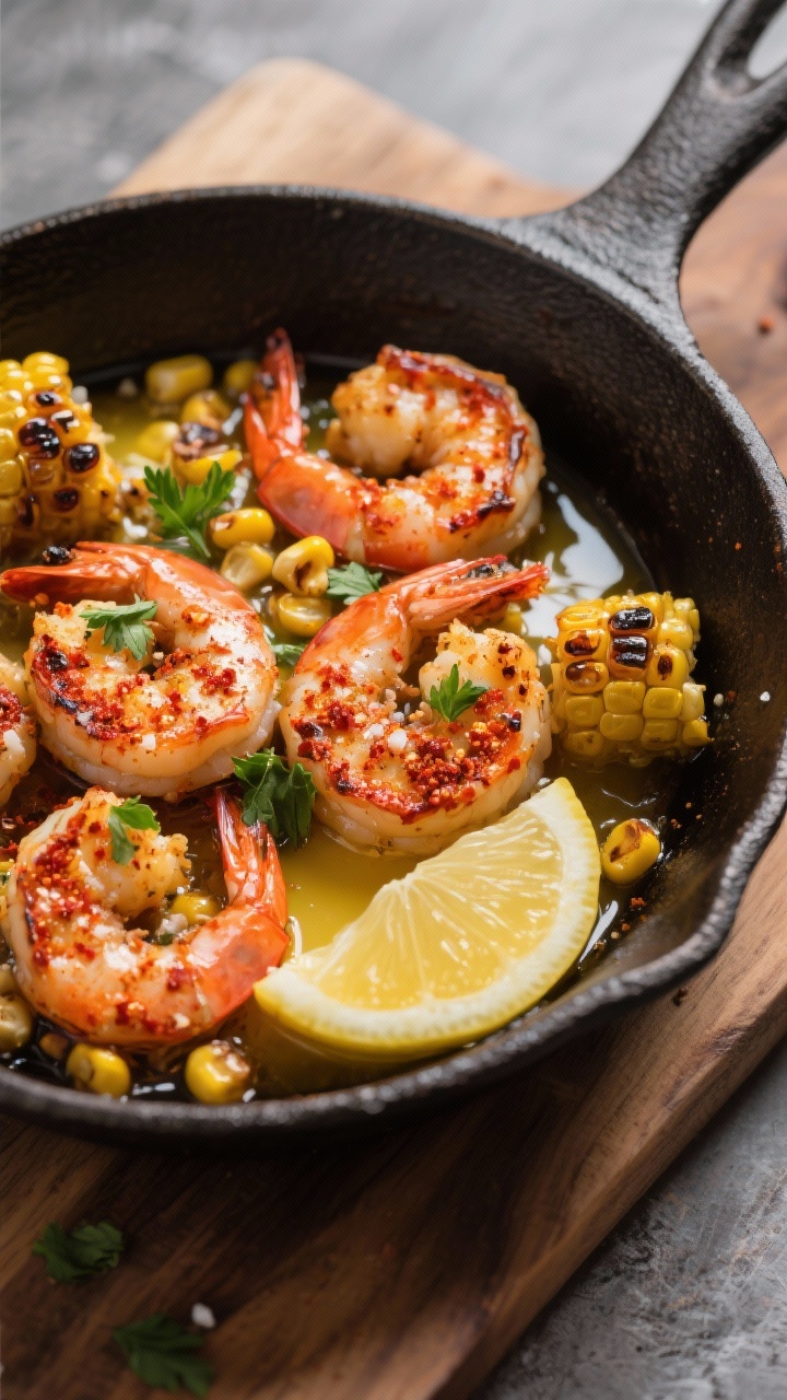 A rustic 45-degree skillet shot of Cajun butter shrimp with charred corn: large shrimp coated in Cajun seasoning and salt, sizzling in olive oil and melted butter, corn kernels blistered and smoky, a few torn parsley leaves for color, lemon wedge off to the side; dark cast-iron pan on a wooden board, butter pooling around the shrimp with paprika-red tones.
