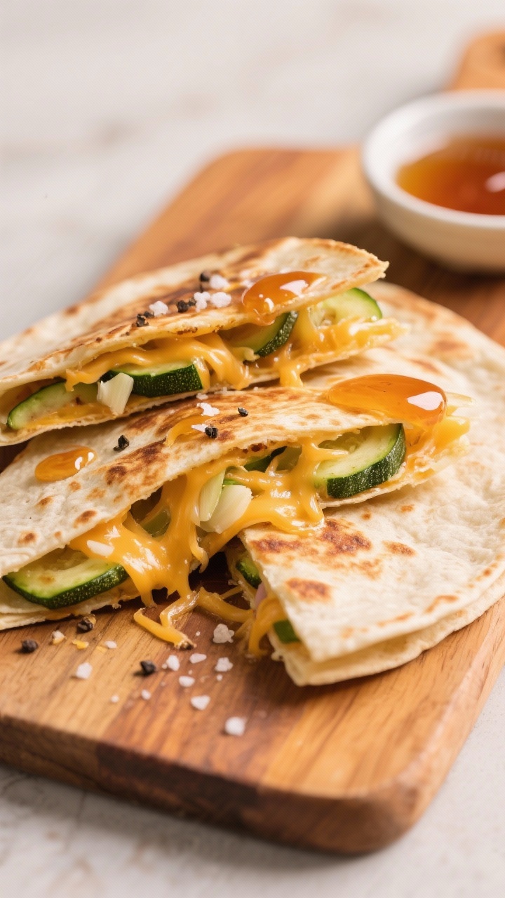 A straight-on, cheesy pull shot of a zucchini quesadilla: two flour tortillas griddled golden with melted shredded cheese stretching between wedges, thinly sliced zucchini and minced garlic visible inside, a drizzle of hot honey across the top, light sprinkle of salt and black pepper; served on a warm-toned cutting board with a small dish of extra hot honey.
