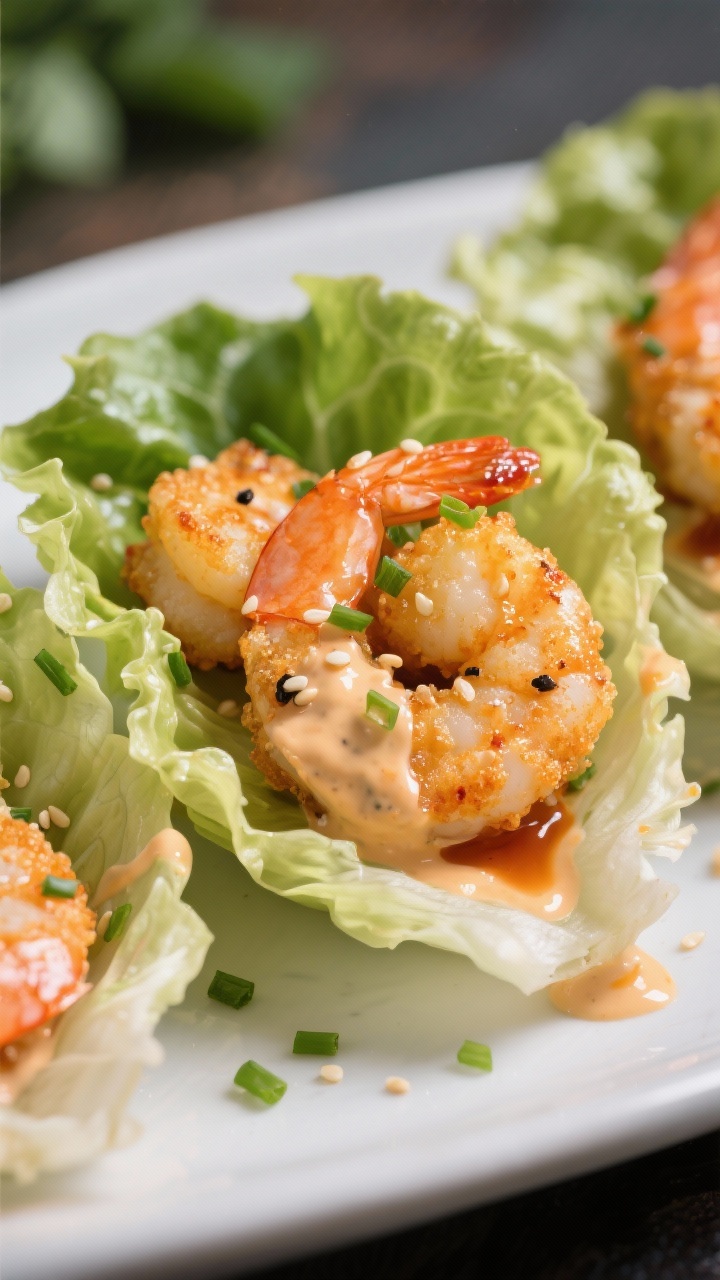 A straight-on close-up of crispy Bang Bang shrimp lettuce wraps: small shrimp coated in cornstarch, seasoned with kosher salt and black pepper, pan-crisped to golden; nestled in butter lettuce cups, generously draped with a creamy sweet-heat Bang Bang sauce, sprinkled with chives and sesame seeds; glossy highlights on the shrimp, a few sauce drips for appetite appeal.