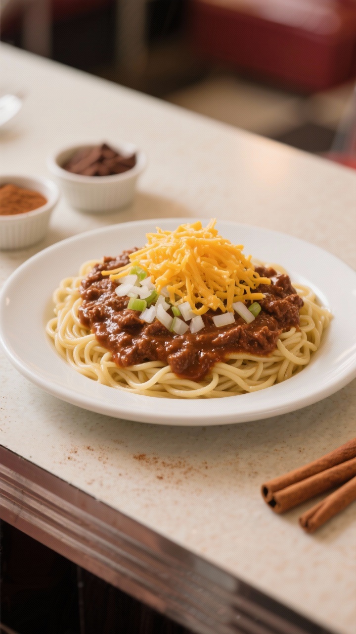 A straight-on composition of Cincinnati-style chili served “two-way” over spaghetti: fine strands topped with a smooth, slightly sweet and spiced beef sauce infused with chili powder, cocoa powder, cinnamon, and allspice; ultra-fine chopped onion on top and a mountain of finely shredded cheddar; clean white plate on a diner-style counter with small bowls of cocoa and cinnamon sticks nearby; warm, nostalgic lighting.
