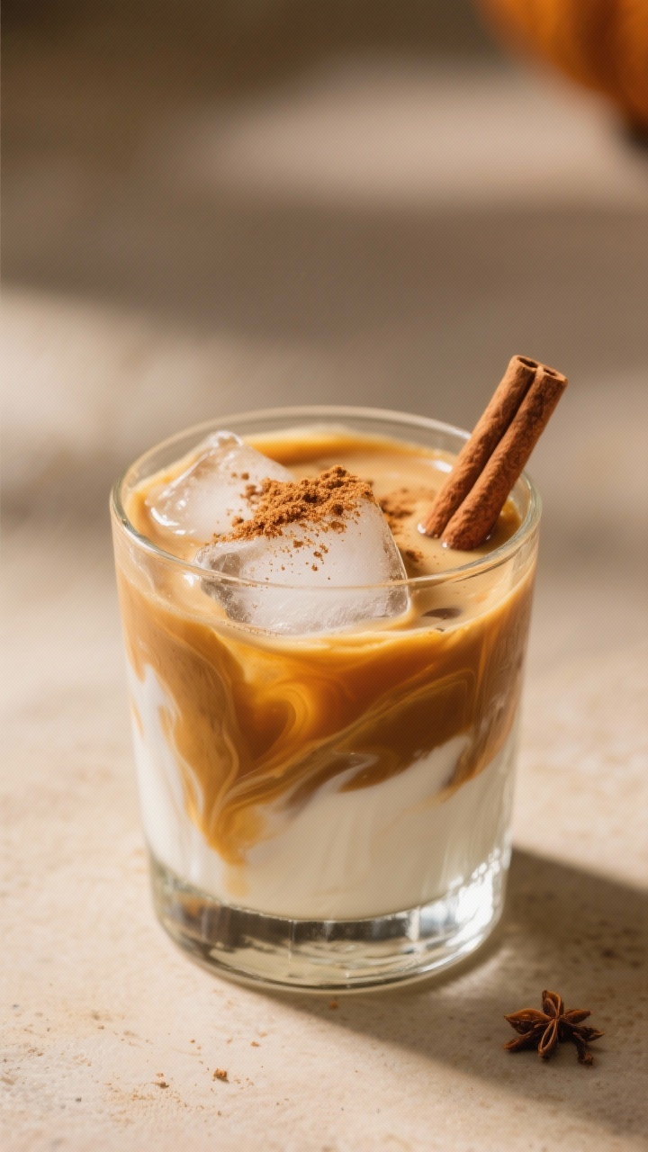 A straight-on dessert-style shot of a Spiced Pumpkin White Russian in a short rocks glass with large ice, marbled layers where pumpkin cream mix and half-and-half swirl into vodka and coffee liqueur; dusting of ground cinnamon and nutmeg on top, a tiny pinch on the surface forming a fragrant layer; optional cinnamon stick resting on rim; warm, cozy tones, soft backlight to catch creamy textures, inviting and indulgent mood.
