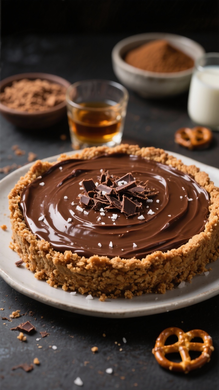 A straight-on hero shot of a bourbon chocolate pudding pie with a pretzel crumb crust: glossy, rich chocolate pudding filling set in a thick, salty pretzel base; a light sprinkle of flaky salt and chocolate shavings on top; include a small glass with bourbon in the background, plus bowls with pretzel crumbs, brown sugar, and whole milk to hint at ingredients; moody lighting to emphasize the silky texture and crunch contrast.