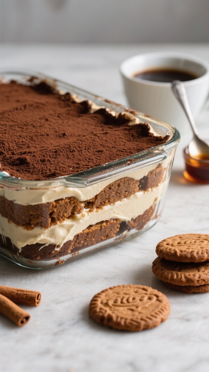 A straight-on layered view of gingerbread tiramisu in a glass baking dish: gingersnap (or soft gingerbread) layers visibly soaked with strong coffee, molasses, and a hint of dark rum; creamy mascarpone filling spread between layers, cocoa lightly dusted on top; a side setup with a cup of cooled coffee, a spoon of molasses, and a few crisp gingersnap cookies; festive but restrained styling, high-contrast lighting to highlight layers.