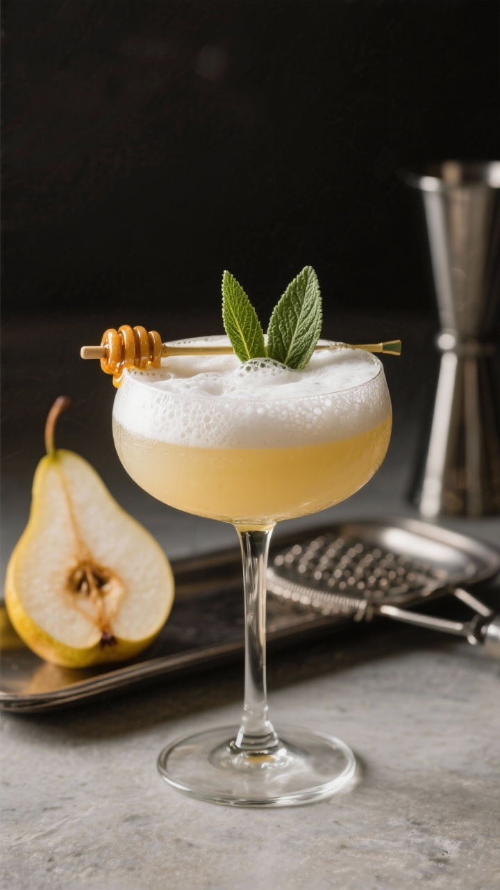 A straight-on, moody portrait of a Roasted Pear + Sage Vodka Sour in a chilled coupe, silky foam cap from egg white or aquafaba with micro-bubbles, pale pear-gold body from roasted pear puree and lemon juice, garnished with two fresh sage leaves lightly torched at edges; honey syrup gloss on the rim, a small tray holding a roasted pear half and a bar strainer in the background; shallow depth of field, studio-quality soft light emphasizing texture of foam.