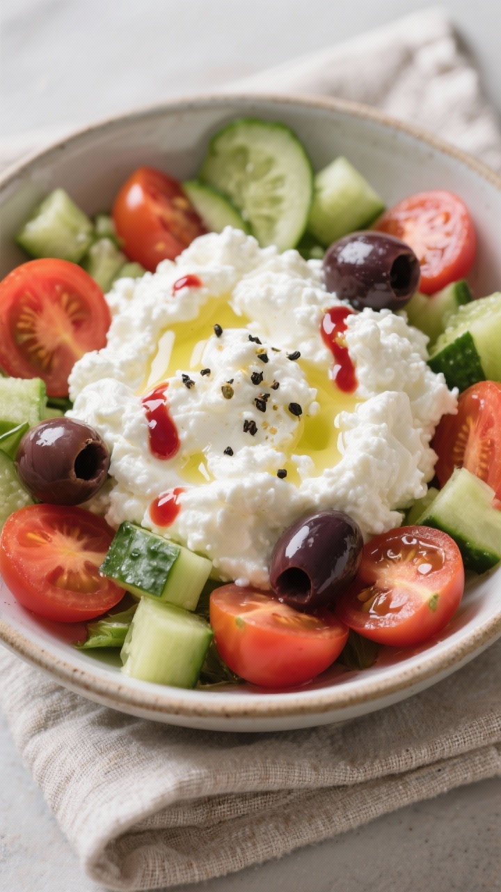 A straight-on, plated presentation of a savory cottage cheese power bowl: creamy low-fat cottage cheese mounded in a shallow ceramic bowl, ringed with halved cherry tomatoes, diced cucumber, and a few sliced Kalamata olives; finished with a glossy thread of extra-virgin olive oil and a hint of red wine vinegar, flecks of black pepper visible, set on a linen napkin for a satisfying, lunch-like look.