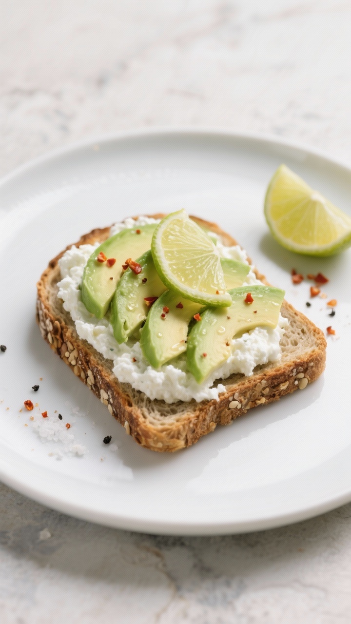 A straight-on plated presentation of avocado-lime cottage cheese toast: one slice of whole-grain/sprouted bread topped with a cloud of low-fat cottage cheese, thinly fanned slices of ripe avocado, a squeeze of lime juice glistening on top, a pinch of chili flakes, and a crack of black pepper with a finishing pinch of salt. Served on a matte white plate over a light stone surface, lime wedge and a tiny dish of chili flakes beside it. Crisp, minimalist styling.