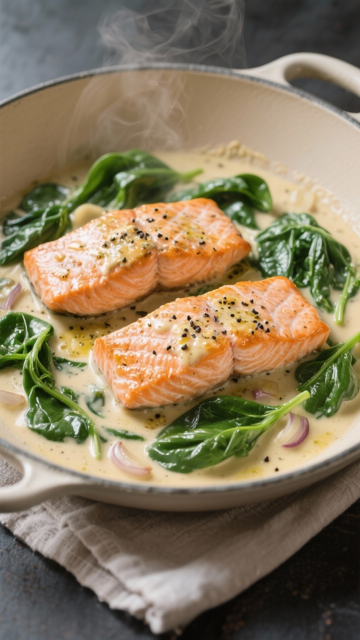 A straight-on plated presentation of creamy Dijon salmon skillet with wilted spinach. Two skinless salmon fillets nestled in a velvety cream sauce made with Dijon, shallots, and low-sodium stock, speckled with black pepper. The sauce gently coats bright green spinach leaves around the salmon. Serve in a light-colored enamel skillet on a linen napkin; steam subtly visible, moody soft light to emphasize creaminess and texture.