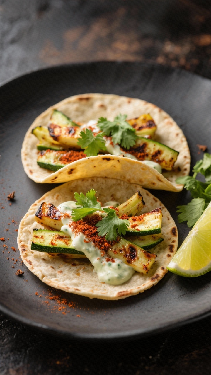A straight-on plated taco trio: thin zucchini strips dusted with smoked paprika, cumin, and chili powder, seared with light char, tucked into warm small corn tortillas, drizzled with lime crema, garnished with chopped cilantro and lime wedges on the side; moody backdrop to emphasize smoky tones, crisp details, no hands.