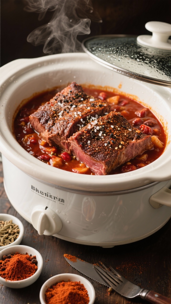 A straight-on shot of slow cooker brisket chili mid-cook: large chunks of beef brisket nestled in a slow cooker, coated with a rub of kosher salt, black pepper, chili powder, smoked paprika, and cumin; edges beginning to caramelize in a deep brick-red sauce; condensation on the lid lifted to reveal steam; warm, homey lighting with small bowls of the spice blend and a carving fork in the foreground.
