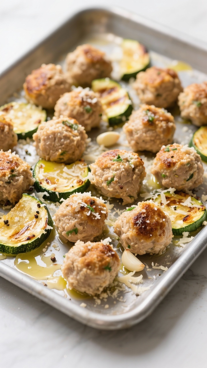 A straight-on tray shot of garlicky Parmesan chicken meatballs with roasted zucchini: golden meatballs (ground chicken, grated Parmesan, panko, egg, minced garlic, Italian seasoning, salt, pepper) with visible Parm crusty bits, nestled among caramelized zucchini half-moons; light drizzle of olive oil catching highlights; sprinkled with extra Parmesan and cracked pepper; lined baking sheet, clean modern styling, appetizing browns and greens.