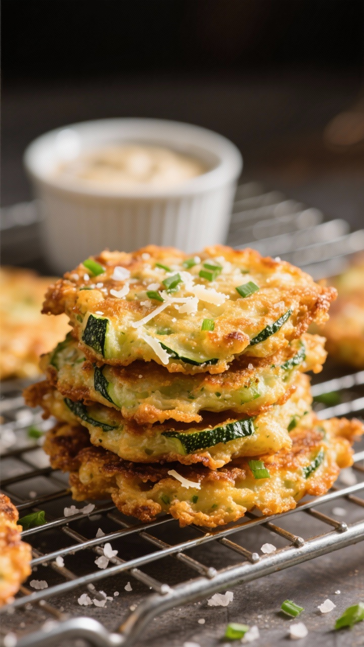 A straight-on, ultra-close shot of crispy zucchini fritters stacked on a wire rack: deeply golden edges, visible flecks of grated zucchini, Parmesan, and tiny green from grated garlic/chive, with a sprinkle of sea salt crystals catching the light; a small ramekin of dipping sauce in the back, texture-forward, shallow depth of field, warm, crunchy vibe.