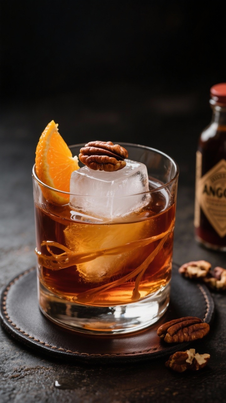 A tight, dramatic 45-degree close-up of a Pecan Pie Old Fashioned: amber bourbon/rye over a single large clear ice cube, ribbons of toasted pecan syrup visible clinging to glass, two dashes Angostura and one dash orange bitters swirling; garnished with a broad orange peel expressed over the surface and a single toasted pecan perched on the ice; placed on a dark leather coaster with pecan halves and a bitters bottle nearby; rich, low-key lighting highlighting caramel tones.
