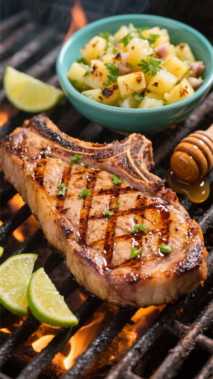 A vibrant grill-side close-up of Honey-Lime Grilled Chops with Charred Pineapple Salsa: bone-in pork chops caramelized with a honey, soy, lime, olive oil, garlic, and cumin glaze, pronounced grill marks, lacquered edges; a bright bowl of chunky pineapple salsa with lime zest, cilantro, and charred bits alongside; shot straight-on at grill height with flames softly blurred, lime wedges and a honey dipper nearby to convey sweet-tangy aroma.