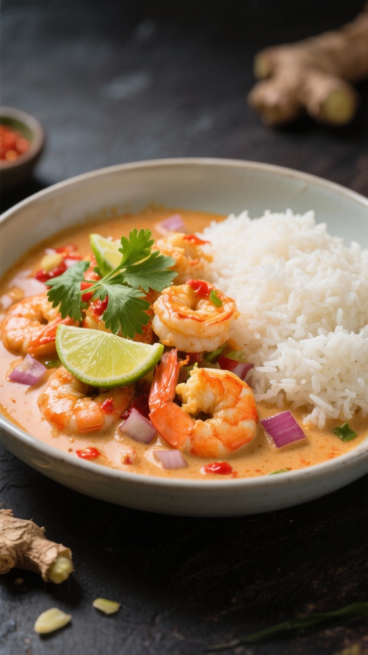 A vibrant overhead shot of coconut-lime shrimp curry: shrimp simmered in a creamy coconut base with red curry paste, finely chopped onion, minced garlic, and grated ginger, finished with a squeeze of lime; garnished with cilantro and thin lime wheels; served in a shallow bowl with jasmine rice on the side; saturated colors—creamy coral curry against white rice.