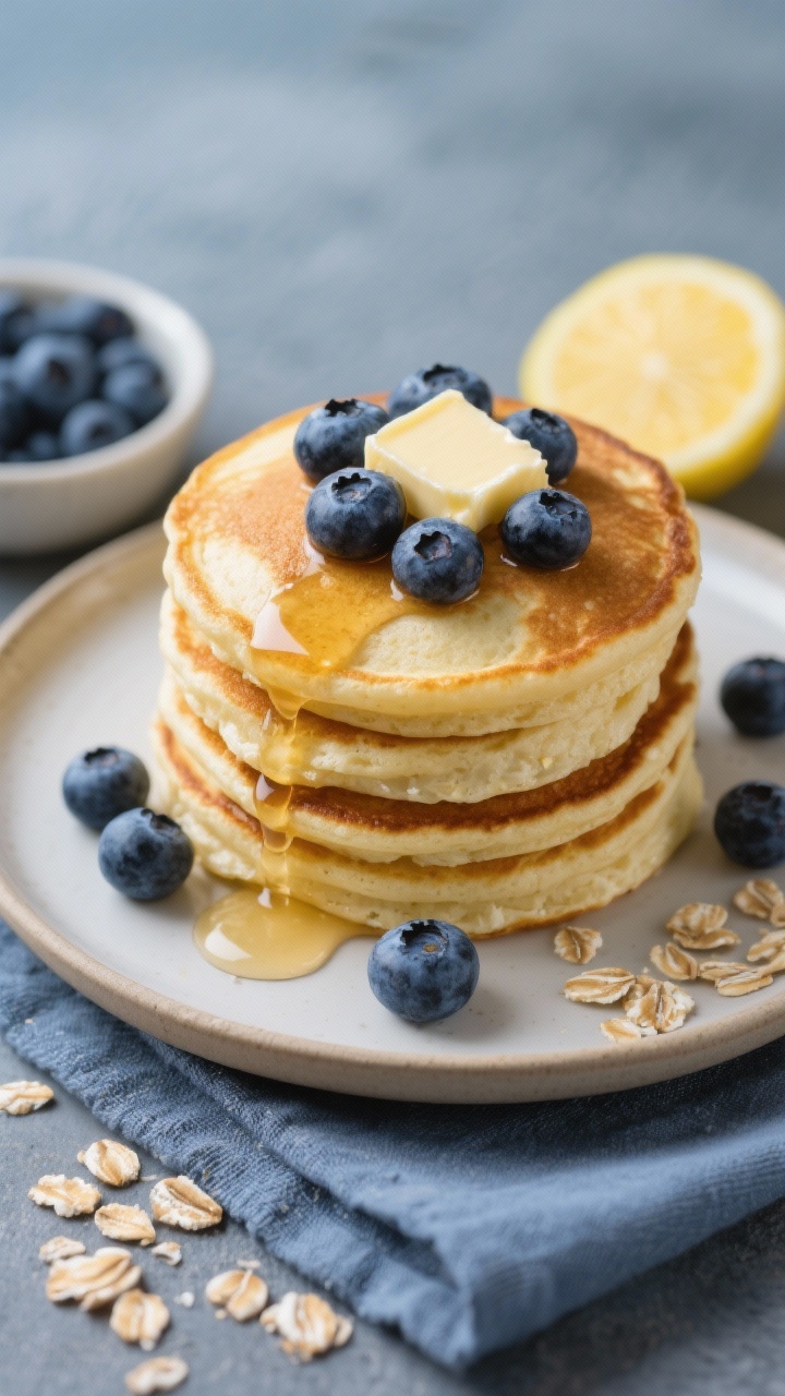 Action shot at 45 degrees of High-Protein Cottage Cheese Pancakes stacked on a plate with blueberry warm-up: golden pancakes made from cottage cheese, rolled oats, eggs, baking powder, vanilla, and a pinch of salt, topped with glossy warm blueberries (fresh or frozen) lightly heated with lemon; syrupy blueberry juices cascading down the stack, a pat of butter just melting; blue-gray linen, small bowl of extra blueberries and a lemon wedge nearby.