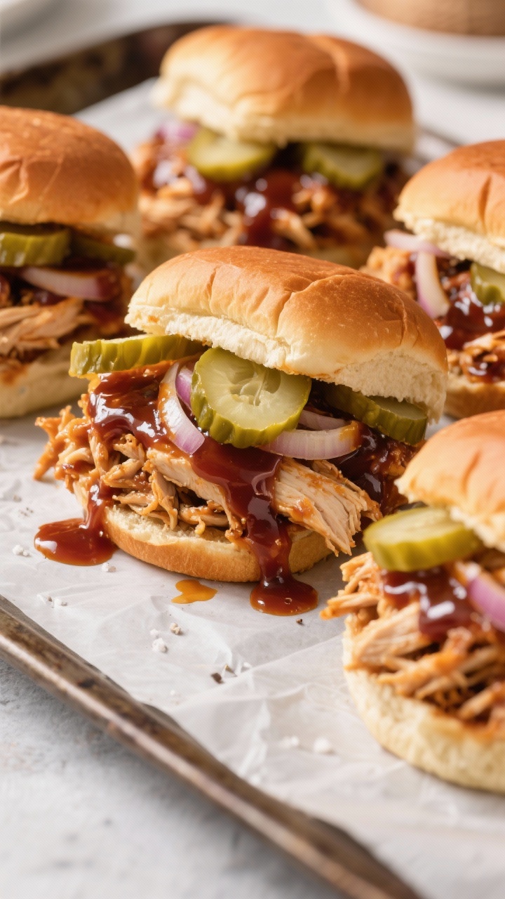 Action-y close-up of Barbecue Pulled Chicken Sliders: saucy shredded chicken (breasts or thighs) cooked with barbecue sauce, apple cider vinegar, thinly sliced onion, salt, and pepper; piled onto toasted slider buns with crunchy pickle chips; sticky mahogany sauce sheen, a few drips on parchment, 45-degree angle, party platter energy.