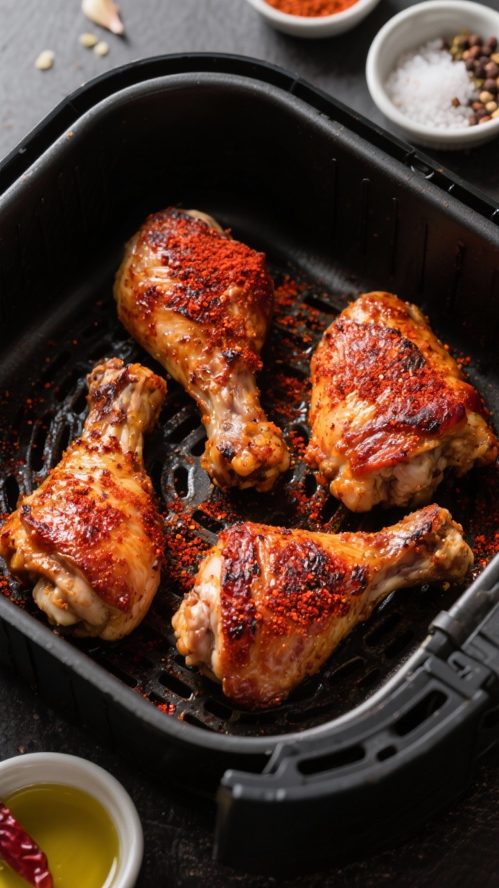 Air fryer basket overhead: smoky paprika-rubbed bone-in, skin-on chicken thighs with crackling, mahogany skin. Seasoning mix visible as a ruby-red dusting: smoked paprika, garlic powder, onion powder, kosher salt, black pepper, and a touch of cayenne. A small dish of olive oil and spice ramekins arranged nearby; dramatic side light to highlight crisp texture and charred edges.
