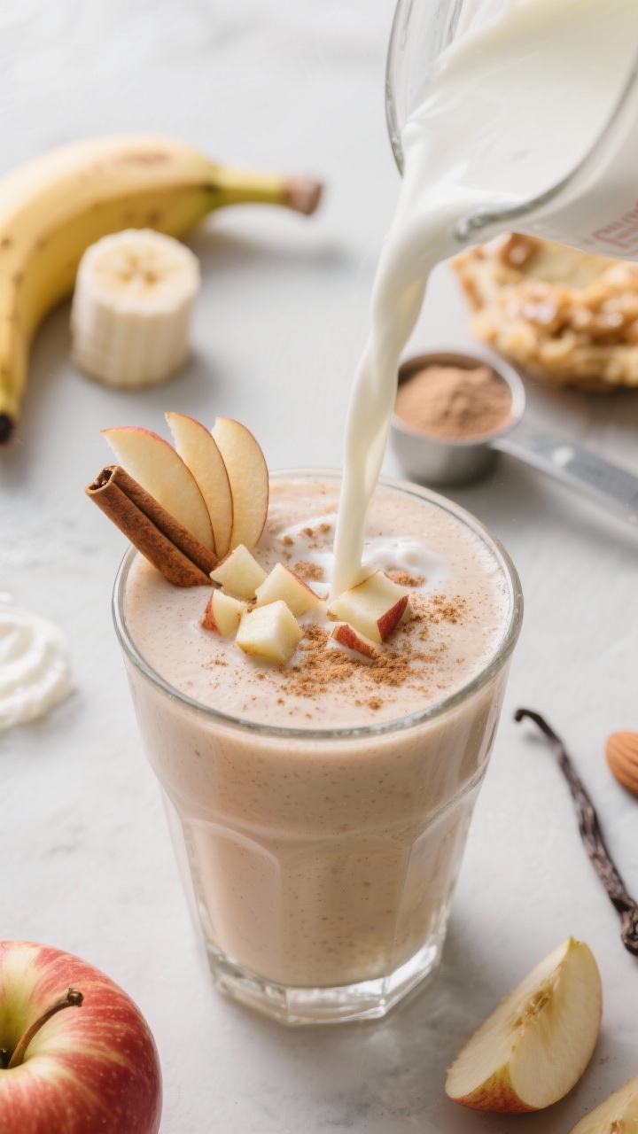 An action close-up of an apple pie protein smoothie being poured into a chilled glass: creamy blend of chopped apple with skin, half a frozen banana, unsweetened almond milk, plain nonfat Greek yogurt, and vanilla protein powder. The surface of the smoothie is dusted with a whisper of cinnamon, thin apple fan garnish on the rim. Ingredients arranged in the background—protein scoop, banana half, apple slices. Cool, energizing morning mood.