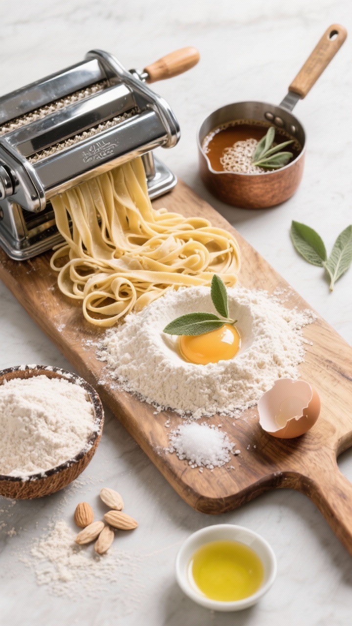 An ingredient-and-process flat lay for almond flour fettuccine with brown butter sage: fine blanched almond flour, coconut flour, xanthan gum, kosher salt, cracked eggs in a flour well, and a small pool of olive oil arranged on a wooden board; a hand-cranked pasta machine feeding delicate almond-flour fettuccine strands; nearby a small saucepan of foamy brown butter with whole sage leaves; clean, airy composition emphasizing artisanal pasta making.