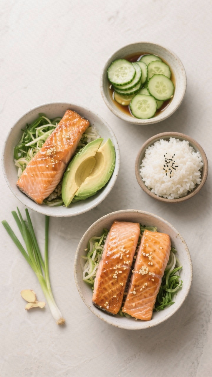 An ingredient-forward overhead flat lay for miso-ginger salmon bowls with quick pickled cucumbers. Neatly arranged: two salmon fillets brushed with a glaze of white miso, honey (or maple), grated ginger, soy sauce, and rice vinegar; a small bowl of thin cucumber rounds in light rice vinegar pickling liquid; steamed rice; avocado slices; and scallions. Neutral background, small bowls for each component, clean and modern styling.