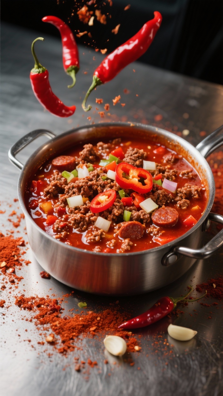 An overhead action shot of five-alarm firehouse chili in a heavy pot: fiery red stew brimming with ground beef and spicy Italian sausage crumbles, diced onion, red bell pepper, and minced garlic; a vivid scattering of chili powder and crushed chilies on the surface; glossy, bubbling heat with a few sliced red chiles as garnish; dramatic, high-contrast lighting on a stainless surface to emphasize intensity and spice.