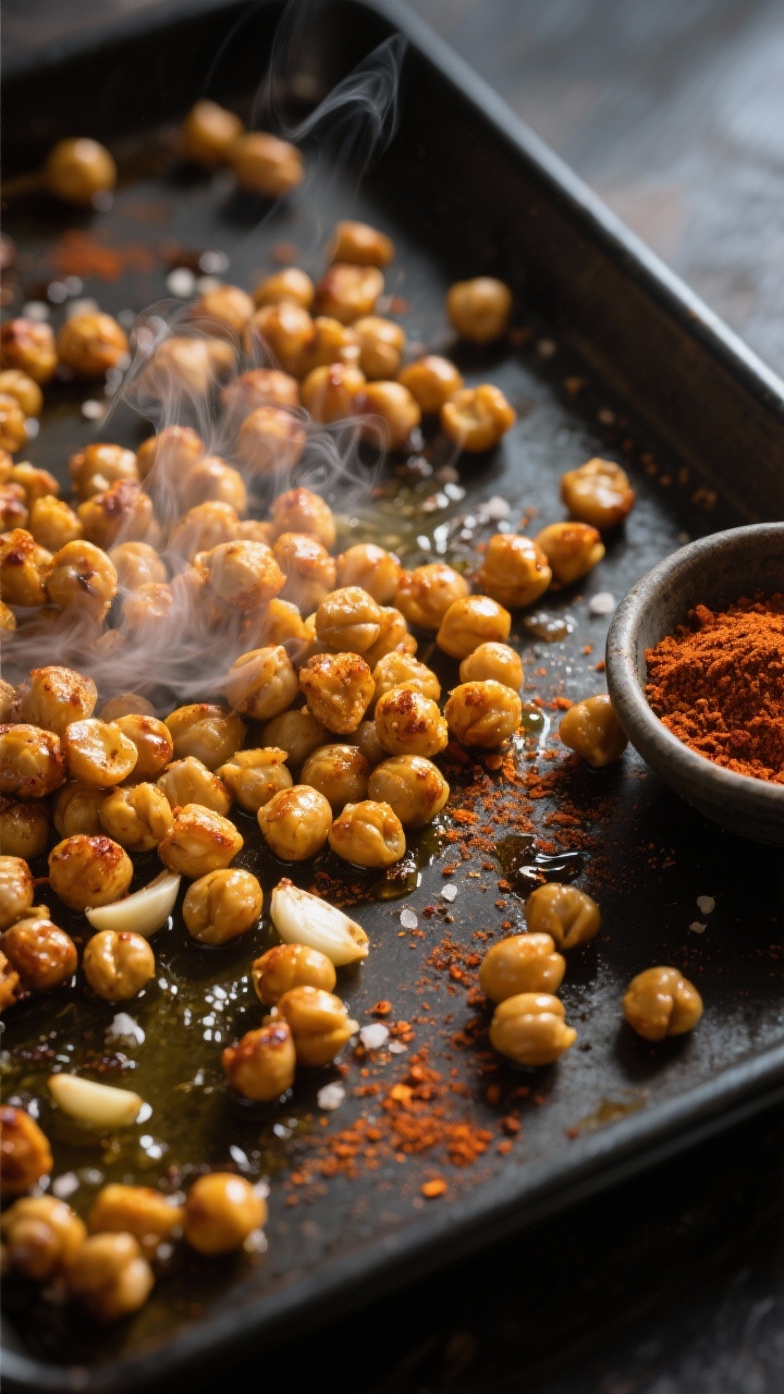 An overhead baking-sheet scene of roasted chickpeas fresh from the oven: golden, crispy chickpeas tossed with olive oil, smoked paprika, garlic powder, ground cumin, and sea salt; wisps of steam, scattered spice dust visible on the dark sheet pan, with a small bowl of the spice mix to the side; directional side light to emphasize crunch and warm, toasty tones.