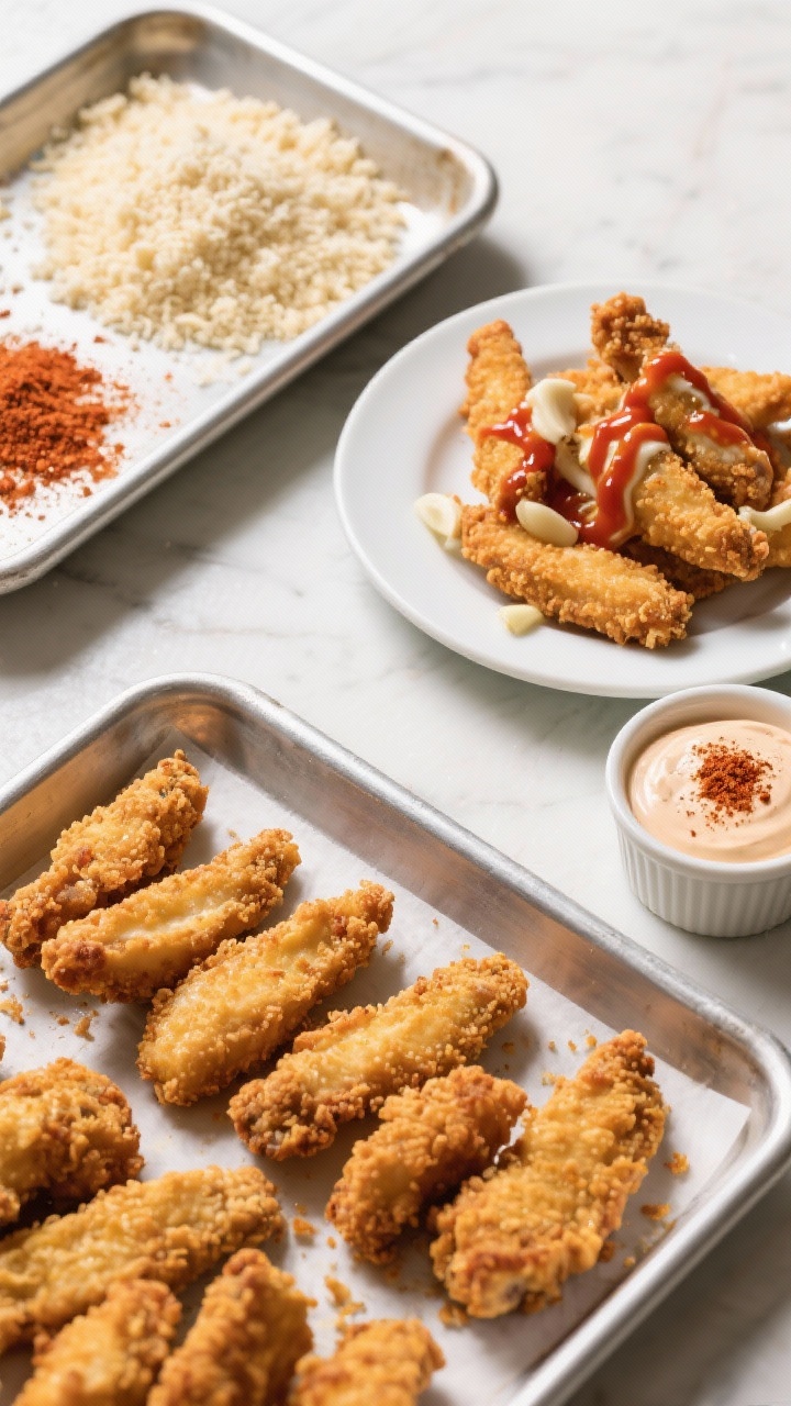 An overhead breading station and finished crispy tenders contrast: buttermilk-marinated chicken strips with a hint of hot sauce on one plate, panko-Parmesan mixture seasoned with smoked paprika and garlic powder on another, and a tray of golden oven-baked tenders with craggy, crunchy coating; small ramekin of paprika ranch dipping sauce at the corner; clean lines, bright light, crisp textures emphasized.