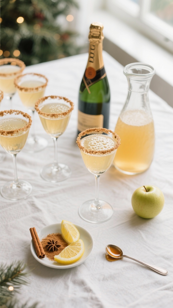 An overhead flat lay of a Sparkling Apple Cider 75 station: coupe glasses with cinnamon-sugar rims neatly lined, one finished drink sparkling with Brut bubbles, pale gold from chilled dry sparkling wine, unfiltered apple cider, gin, fresh lemon juice, and Grade A maple syrup; a small dish of cinnamon sugar, lemon wedges, a maple syrup drizzle spoon, a chilled bottle of Brut, and a small carafe of cloudy apple cider; crisp holiday ambiance with light linens, soft natural window light, no people.