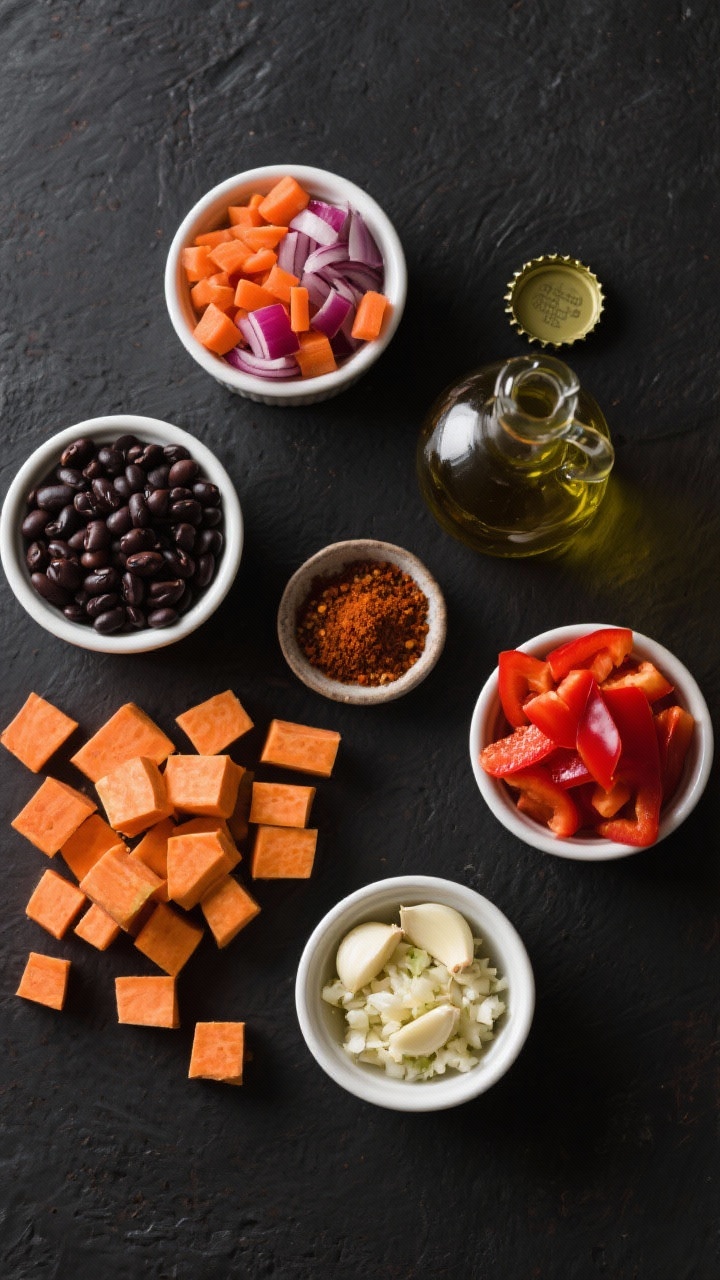 An overhead ingredient-prep flat lay for sweet potato black bean chili: neatly arranged cubes of orange sweet potato (1/2-inch), black beans in a small bowl, diced red onion, diced carrots, diced red bell pepper, and minced garlic, each in separate ramekins; a bottle cap of olive oil and a pinch bowl of chili spices at the center; vibrant, high-contrast color styling on a matte charcoal background for a naturally vegan, cozy vibe.
