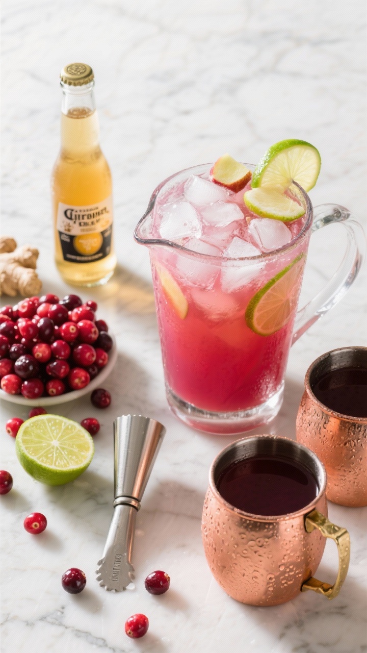 An overhead ingredients-and-pitcher scene for a Gingered Cran-Apple Mule: a large clear pitcher filled with icy pink-crimson mixture from vodka, unsweetened cranberry juice, unfiltered apple cider, fresh lime juice, and ginger syrup, topped with lots of ice and lime wheels; nearby chilled ginger beer concentrate bottle, a heap of fresh cranberries, lime halves, a jigger, and tall copper mugs waiting to be filled; condensation and frost for refreshment, bright natural light on a marble surface.