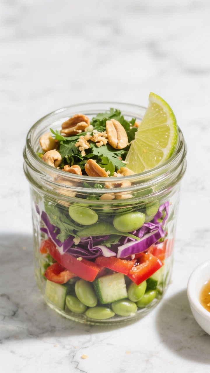 An overhead mason jar salad assembly shot: layers of zingy ginger-lime dressed components in a clear jar—diced cucumber at the bottom, shelled edamame, red bell pepper, shredded purple cabbage, and a sprinkle of chopped cilantro; topped with roasted peanuts or cashews for crunch, extra lime wedge and a small dish of dressing on the side, bright, fresh color palette against a light stone surface.