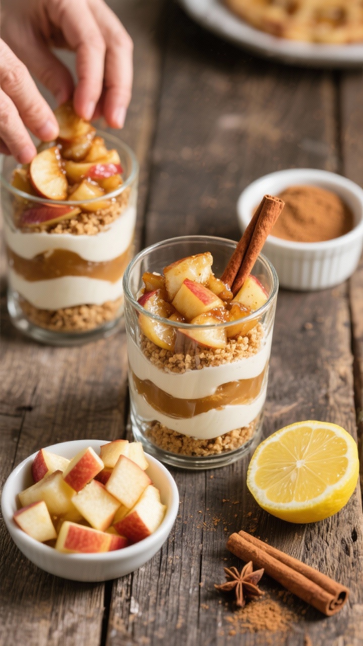 An overhead parfait assembly scene: no-bake apple pie parfaits layered in clear tumblers with cinnamon-spiced sautéed apples (Honeycrisp or Gala), brown sugar, nutmeg, lemon-brightened juices, and a crunchy cinnamon crumb; include a small bowl of diced apples, a lemon wedge, a ramekin of brown sugar, and a pinch bowl of cinnamon and nutmeg; one finished parfait garnished with a cinnamon stick, on a rustic wooden table.