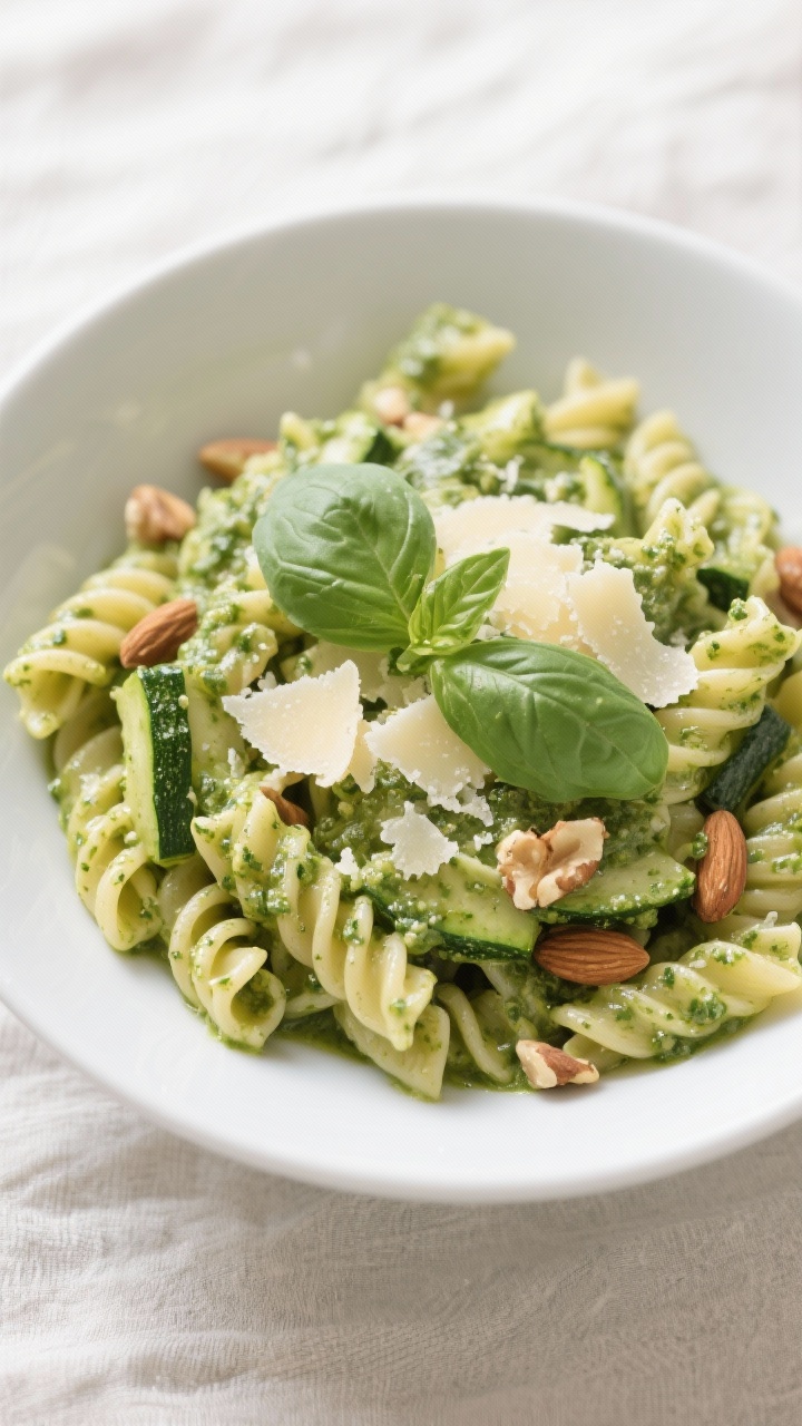 An overhead pasta bowl of speedy zucchini pesto pasta: short pasta coated in a silky no-cook pesto made from chopped zucchini, fresh basil, Parmesan, and toasted nuts (almonds/walnuts/pine nuts), topped with extra grated Parmesan and a few basil leaves; creamy green sauce clinging to ridges, clean white bowl on a light linen.