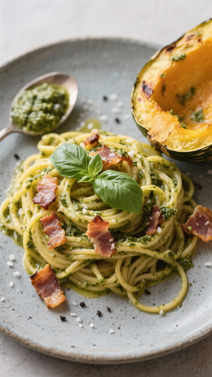 An overhead plated presentation of creamy pesto spaghetti squash with crispy prosciutto: golden spaghetti squash strands twirled into a nest and coated with basil pesto, punctuated by craggy, browned bits of prosciutto or pancetta; seasoned with kosher salt and black pepper; finished with a few fresh basil leaves and a light olive oil sheen; styled on a matte stone plate with the roasted spaghetti squash shell and a spoonful of pesto set to the side for context.