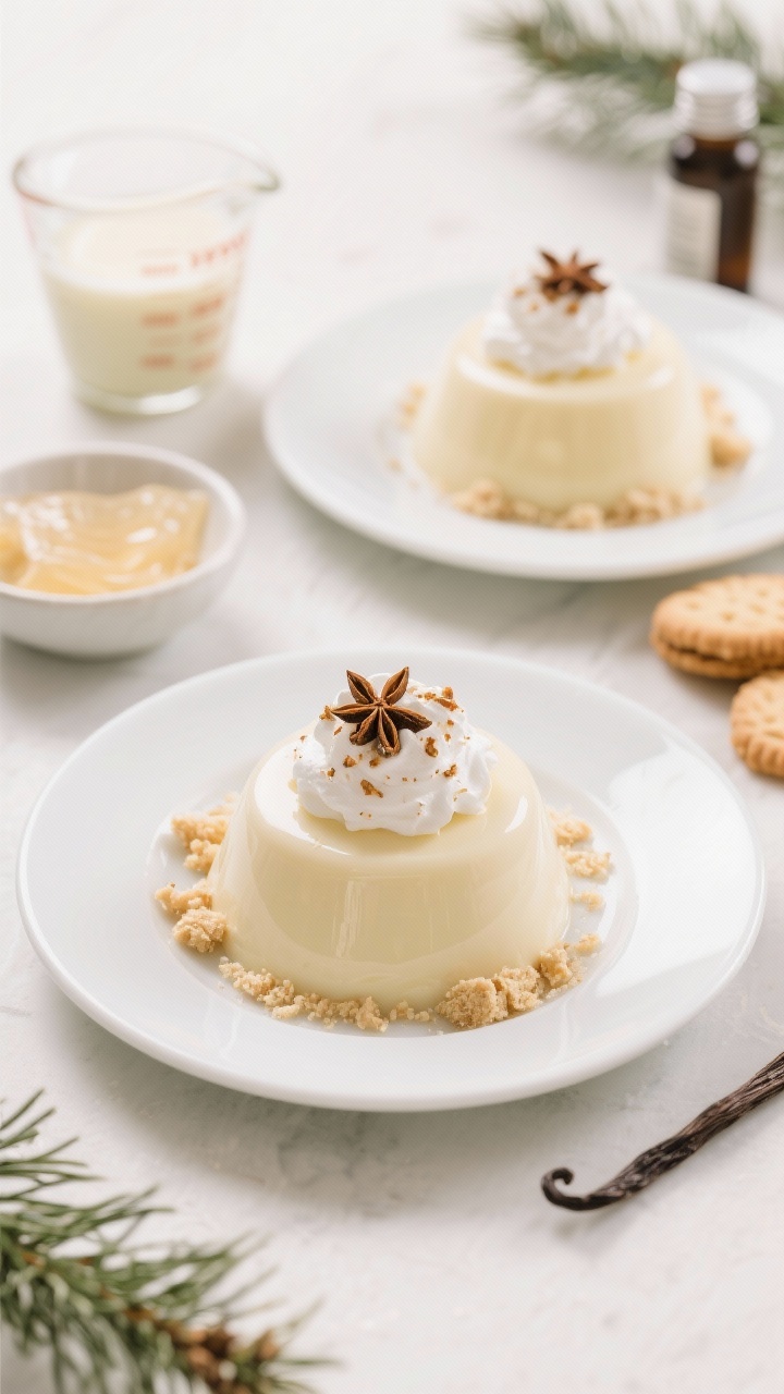 An overhead plated presentation of eggnog panna cotta unmolded onto small white plates, wobble visible with a glossy surface; topped with a cloud of nutmeg whip and a sprinkle of freshly grated nutmeg, surrounded by a delicate cookie crumble; include prop ingredients in the frame edges: a small bowl of bloomed gelatin, a measuring cup of eggnog, and vanilla extract; bright, clean lighting with soft holiday ambiance.