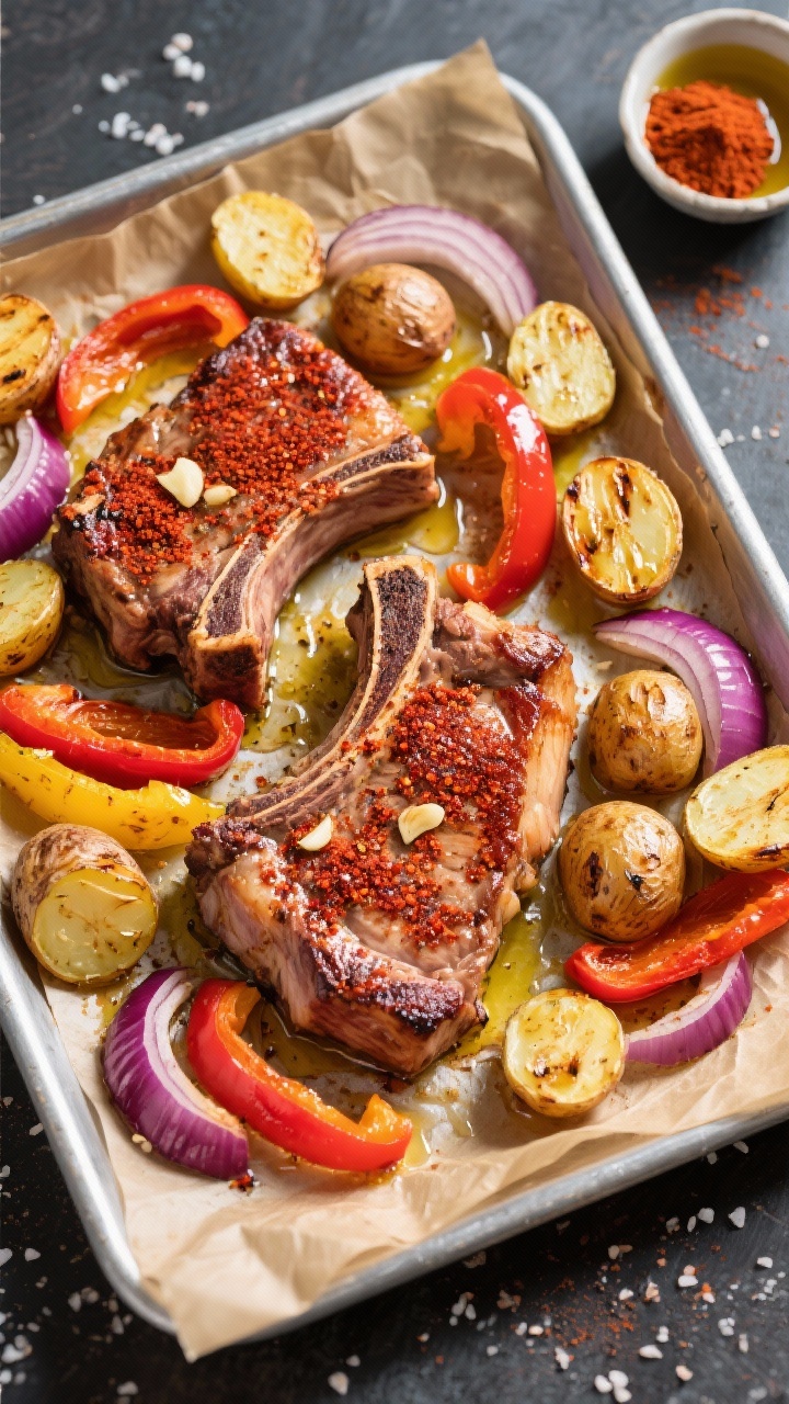 An overhead sheet-pan scene of Smoky Paprika pork chops with roasted baby potatoes, bell peppers, and red onion: boneless chops dusted with a deep red smoked paprika and garlic powder rub, ringed by halved golden potatoes, red and yellow pepper slices, and purple onion crescents, all glistening with olive oil; rustic parchment-lined tray on a metal baking sheet, sprinkled kosher salt, visible char edges, and a small bowl of paprika and olive oil to the side for context.