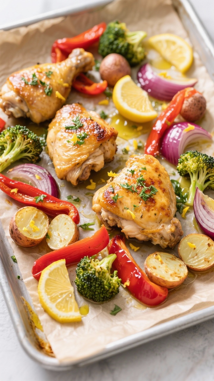 An overhead sheet-pan scene of zesty lemon-herb chicken with roasted veggies: golden chicken thighs nestled among halved baby potatoes, red bell pepper strips, red onion wedges, and broccoli florets; glistening with olive oil, speckled with herbs, visible lemon zest and scattered lemon wedges for brightness; caramelized edges on vegetables, vibrant reds and greens popping against a matte metal pan, rustic parchment underneath, clean high-key natural light.
