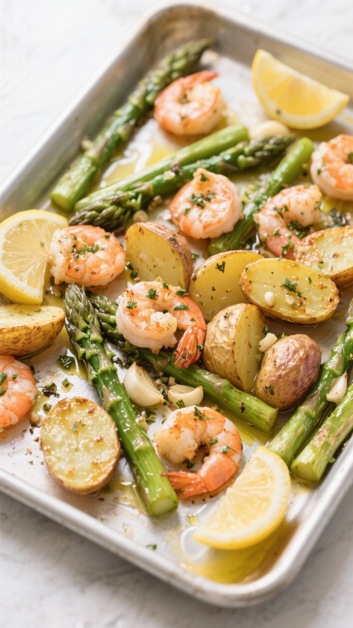 An overhead sheet pan supper: garlic-herb shrimp with asparagus and baby potatoes roasted together; potatoes halved with crispy edges, asparagus spears tender-crisp, shrimp just pink; minced garlic and dried herb mixture glistening in olive oil, a final drizzle of olive oil visible; lemon wedges tucked in; clean, bright light to showcase green asparagus and golden potatoes.