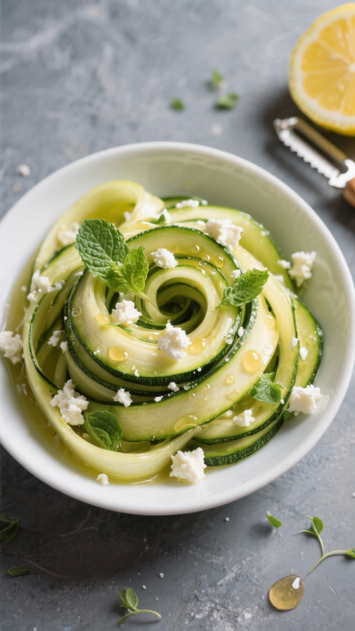 An overhead shot of a zucchini ribbon salad twisted into loose coils in a shallow white bowl: glossy ribbons lightly dressed with extra-virgin olive oil, fresh lemon juice, honey, and Dijon, finished with crumbled feta and torn mint leaves, micro droplets on the ribbons for freshness, set on a cool slate background with a lemon wedge and peeler to the side.