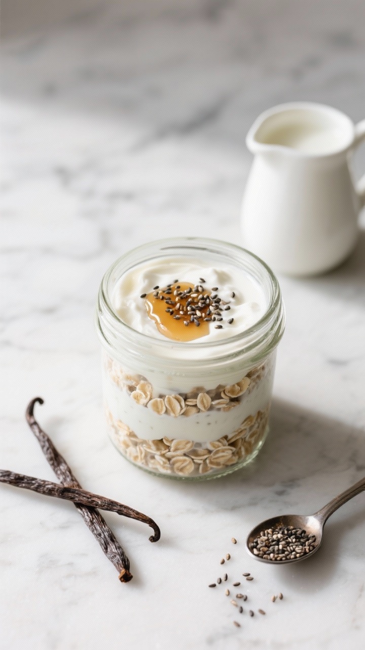 An overhead shot of classic vanilla bean overnight oats in a clear glass jar to showcase layers: rolled oats soaked in unsweetened almond milk and nonfat plain Greek yogurt, speckled with real vanilla bean and chia seeds, lightly drizzled with pure maple syrup. Styled on a cool marble surface with a split vanilla bean, a small pitcher of almond milk, and a teaspoon of chia scattered for texture. Soft morning light, creamy, melted-ice-cream vibe, crisp focus on the silky oats.