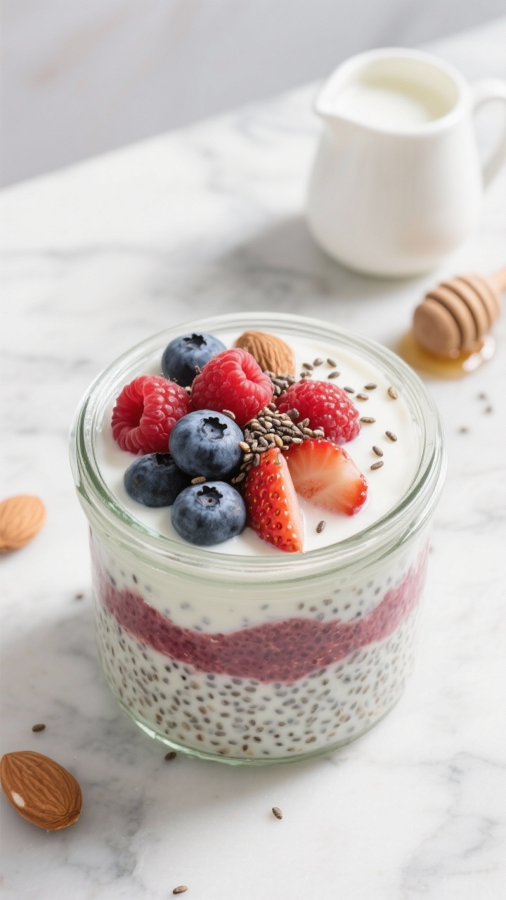 An overhead shot of creamy berry chia pudding set in a clear glass jar: visible layers of speckled chia soaked in unsweetened almond milk and plain nonfat Greek yogurt, lightly sweetened with maple syrup, scented with vanilla, topped with a generous 1/3 cup mix of berries (blueberries, raspberries, strawberries), a few extra chia seeds sprinkled on top. Styled on a cool marble surface with a small pitcher of almond milk and a honey dipper nearby. Soft morning light, clean eating vibe, professional, no people.