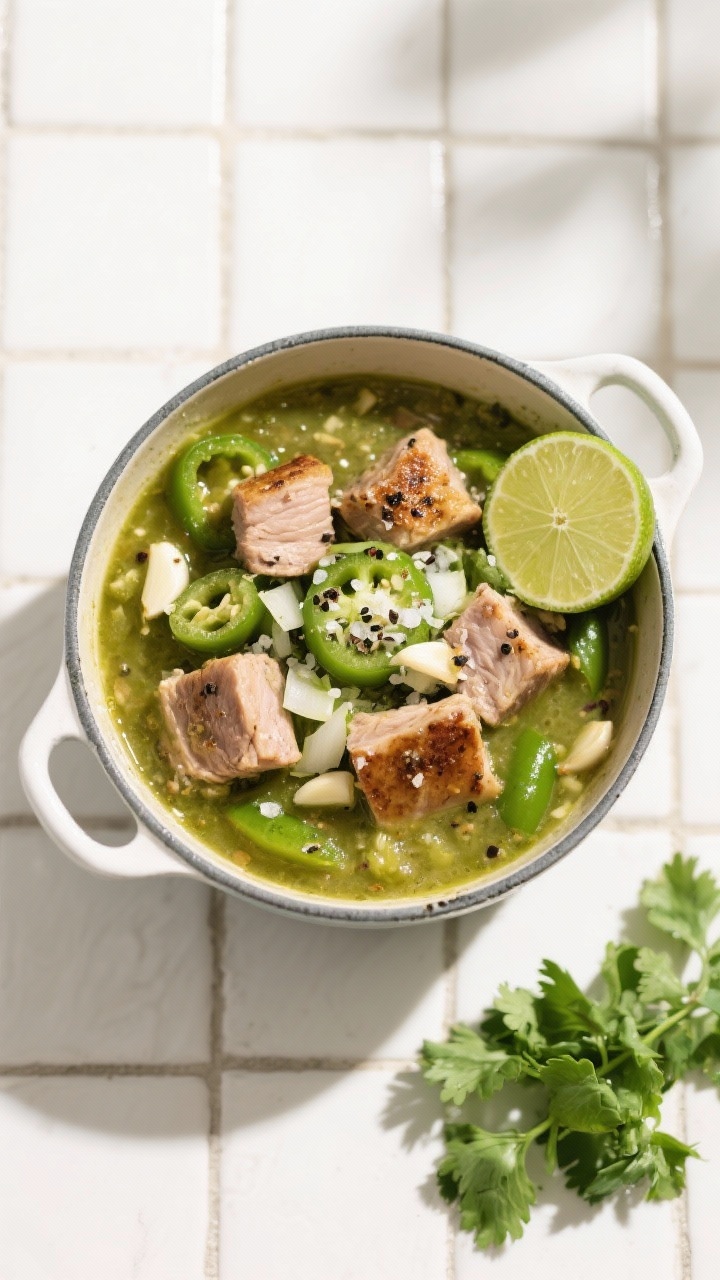 An overhead shot of green chile pork chili verde in an enamel pot: 1-inch cubes of pork shoulder seared and simmering in a vibrant green tomatillo and roasted green chile sauce; chopped onion and minced garlic visible; sprinkled with coarse kosher salt and black pepper; bright, tangy green hue emphasized with a wedge of lime and a handful of chopped cilantro on the side; crisp daylight on a tiled surface.