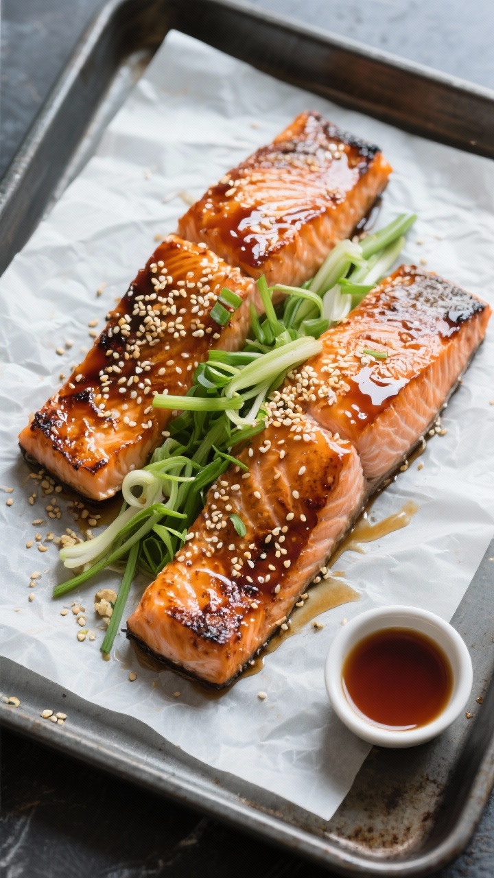 An overhead shot of honey-soy broiled salmon on a parchment-lined sheet, lacquered with a sticky glaze made from low-sodium soy sauce, honey, rice vinegar, toasted sesame oil, and grated ginger. Finish with a scatter of sesame seeds and a generous heap of sesame-dressed scallions along the top of each fillet. Charred caramelized edges, glossy surface, and a small ramekin of extra glaze on the side. Clean, modern styling, dark metal sheet pan for contrast.