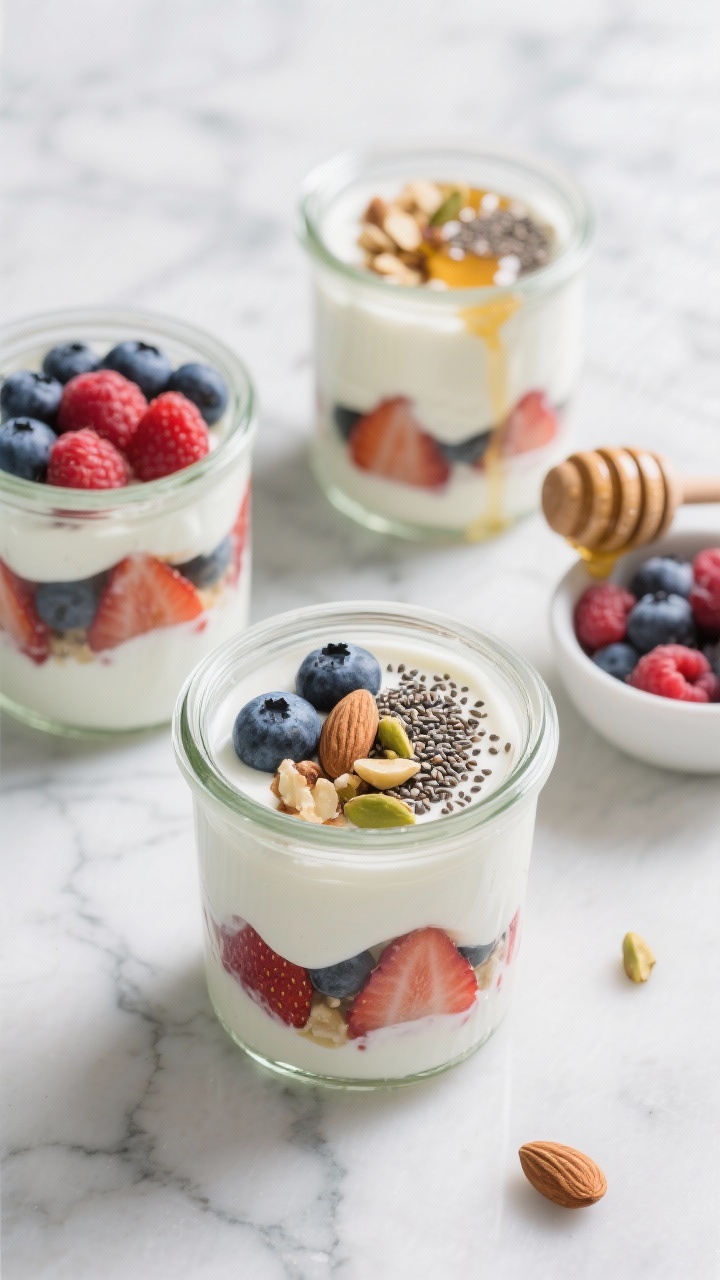 An overhead shot of layered Greek yogurt parfait cups in clear glass jars: thick plain 2% Greek yogurt swirled with mixed berries (blueberries, raspberries, strawberries), a sprinkle of chia seeds, chopped nuts (almonds and pistachios), and a delicate honey drizzle catching the light; styled on a cool marble surface with a small bowl of thawed berries and a honey dipper nearby for a dessert-like yet healthy vibe, high-key lighting, crisp textures.