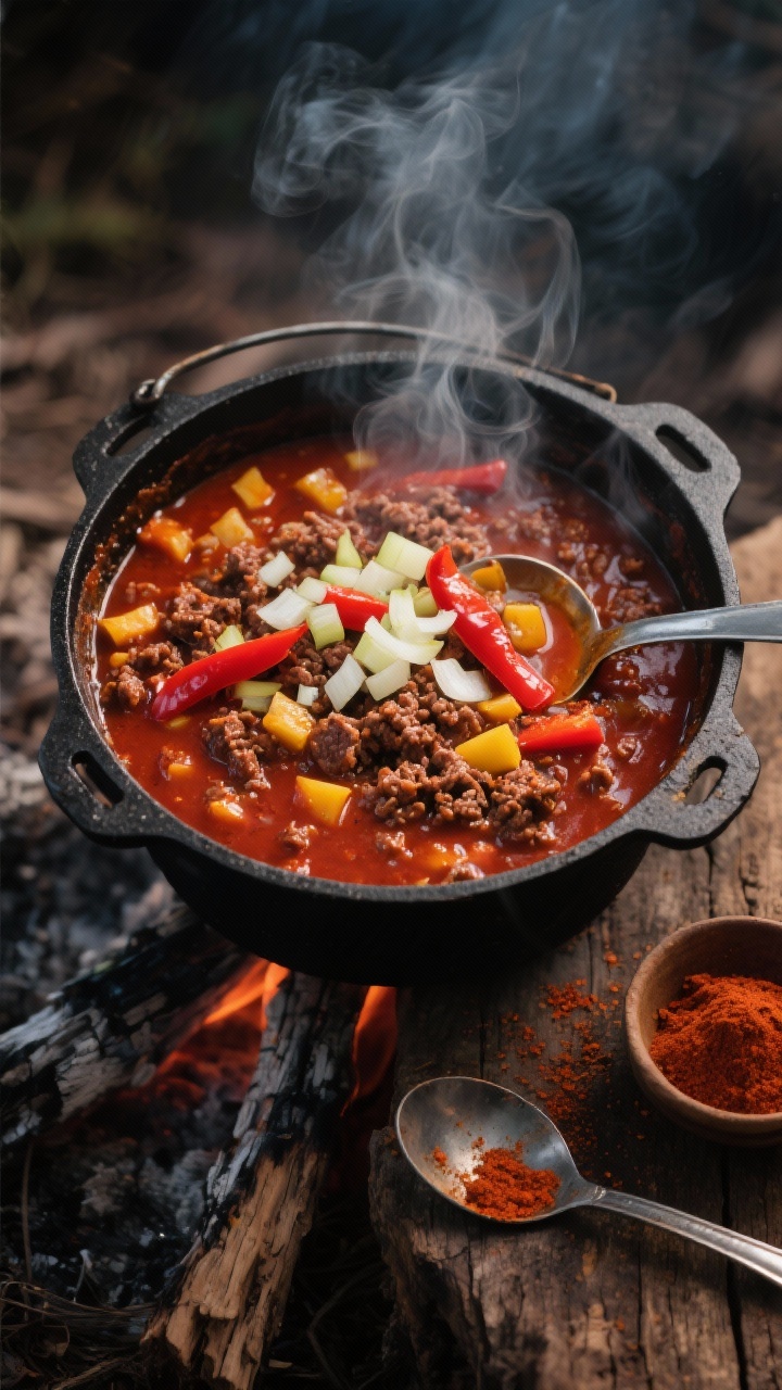 An overhead shot of smoky campfire beef chili simmering in a black cast-iron Dutch oven over charred wood, rich red broth studded with ground beef, diced yellow onion, red bell pepper, and visible flecks of chili powder and smoked paprika; wisps of steam rising, garnished with a scatter of chopped onions and a few charred red pepper strips; moody, outdoorsy lighting on a rustic wooden surface with a metal ladle and a small bowl of paprika on the side.