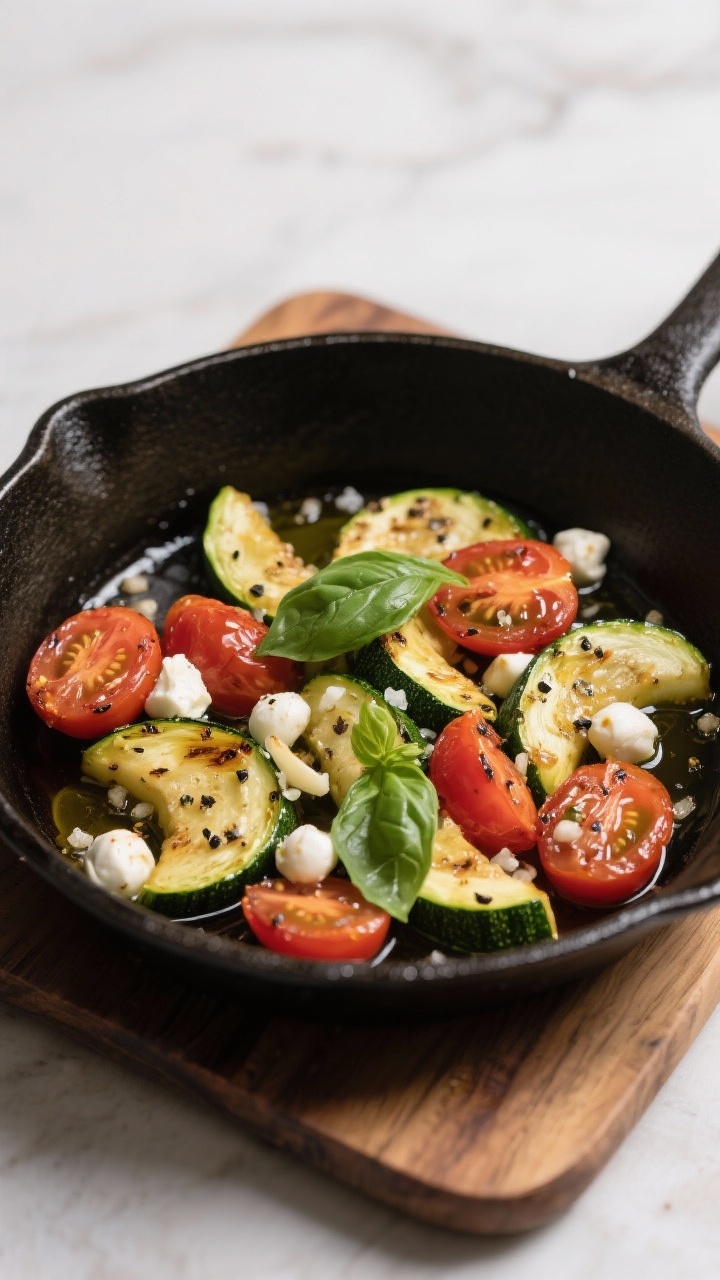 An overhead skillet scene of a zucchini caprese sauté: half-moon zucchini and halved cherry tomatoes blistered with minced garlic, seasoned with kosher salt and black pepper, finished with small mozzarella pearls just beginning to soften and a few torn basil leaves; rustic olive oil sheen, cast-iron pan on a wooden board.