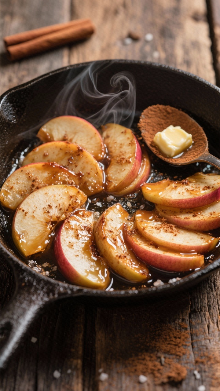 An overhead skillet shot of caramelized cinnamon apple slices sizzling in butter: thin Honeycrisp (or Pink Lady) arcs, glistening with brown sugar or maple syrup, speckled with ground cinnamon and a pinch of salt. The cast-iron pan sits on a rustic wooden table with curls of steam, a small pat of butter melting at the edge, and a cinnamon-dusted spoon. Warm, cozy tones highlighting the bronzed edges and sticky caramel sauce.