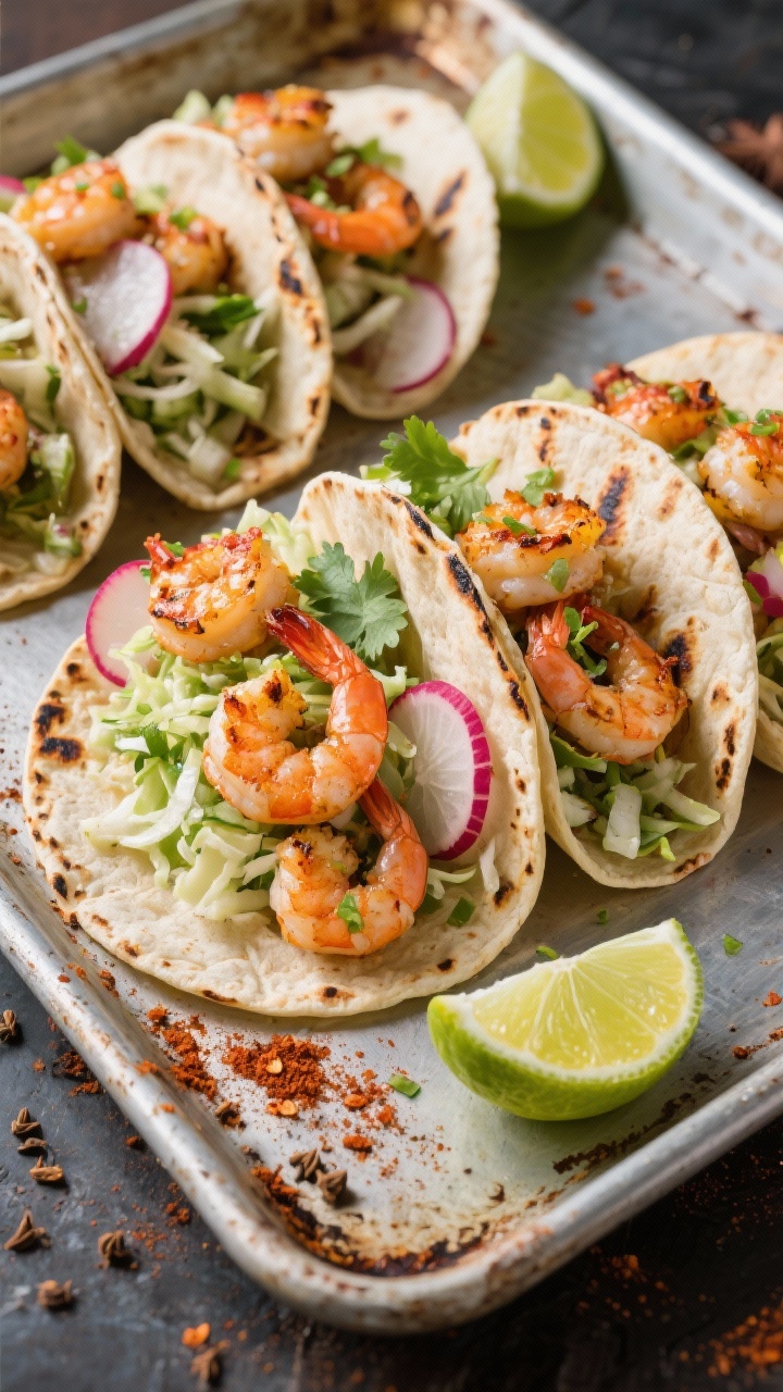 An overhead street-taco scene: chili-lime shrimp tucked into lightly charred corn tortillas, topped with crunchy slaw, lime zest and juice squeezed over, dusting of chili powder, cumin, and smoked paprika visible on the shrimp; garnished with thinly sliced radishes and cilantro, lime halves on the side, all arranged on a weathered sheet pan for a casual street-food vibe.